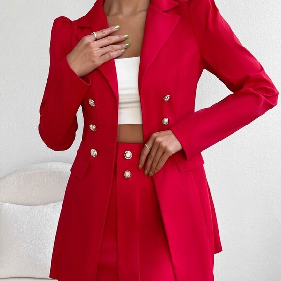 Red Elegant Women's Double Breasted Blazer & Mini Skirt - Picture 4 of 6